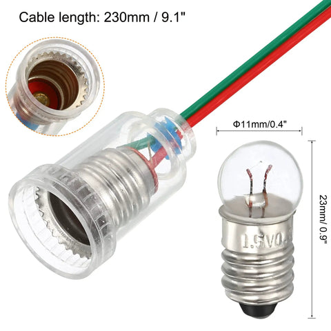 Rock Solid E10 Screw Base Miniature Bulbs 10 Pack 1.5V Warm Yellow Mini Lamps With 3 Pack Lamp Holders For Flashlights Circuit Experiments close-up of bulb and socket with wires.