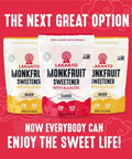 Three bags of Lakanto Monk Fruit Sweetener with Allulose, yellow and red packaging, zero calorie, keto friendly.