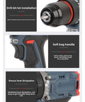 Heavy Duty Brushless Cordless Drill Delivering A Solid 1500 RPM And Kickass 45 Nm Torque Featuring Twenty Five Adjustable Settings Us Plug showing drill bit installation, soft bag handle, and heat dissipation.
