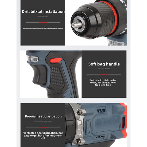 Heavy Duty Brushless Cordless Drill Delivering A Solid 1500 RPM And Kickass 45 Nm Torque Featuring Twenty Five Adjustable Settings Us Plug showing drill bit installation, soft bag handle, and heat dissipation.