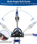 All Metal Adjustable Drill Guide With Multi Angle Capability From Zero To Sixty Degrees For Straight Holes, Drill Press Adapter For Hand Drills, Includes One Half Inch Chuck, Key, Guide Rod, Precision Drilling Jig In Durable Blue, showing multi-angle positions.