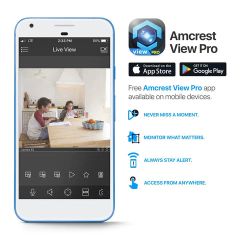 Smartphone interface showing 4MP ProHD Indoor WiFi Security IP Camera live view, Amcrest View Pro app installation options.