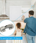 Ninety Degree Surface Mount Hidden Cabinet Hinge No Pre Drilled Concealed Hinges For Kitchen Cupboard Doors Set Of 10 In Cold Rolled Steel With Nickel Finish Durable Frameless Cabinet Hardware installed in a kitchen cupboard, showing a father and child using the cupboard with a focus on hinge functionality.