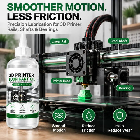 Premium 3D Printer Lubricant For Linear Rails And Steel Shafts Keeps Your Setup Glidin Sweet With Heavy Duty Silicone Blend, 150mL bottle image with lubricated printer parts.