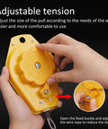 Two Pack Heavy Duty Retractable Spring Tool Balancer with Adjustable Tension, Supports 3 to 5 Kg Tools, Easy Hanging Tool Holder for Assembly Lines, Workshops, and Garage, Keeps Tools Off Benchtops and Ready at Hand for Quick Access, yellow housing close-up