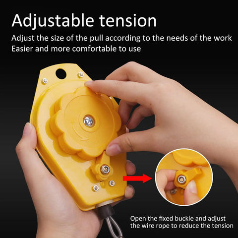 Two Pack Heavy Duty Retractable Spring Tool Balancer with Adjustable Tension, Supports 3 to 5 Kg Tools, Easy Hanging Tool Holder for Assembly Lines, Workshops, and Garage, Keeps Tools Off Benchtops and Ready at Hand for Quick Access, yellow housing close-up