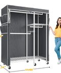 Straight Up Heavy Duty Rolling Clothes Rack With Removable Dust Cover Portable Closet featuring four hanging zones adjustable shelf and smooth gliding wheels, shown with size annotations, 78.74 inches tall.
