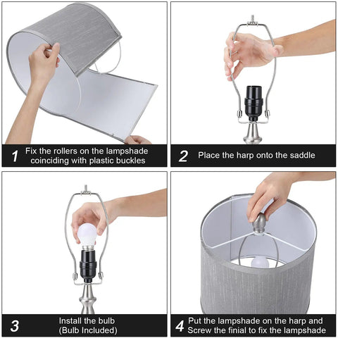 Step-by-step assembly of Table Lamps For Living Room Set Of 2 with gray fabric shade, dimmable touch control, and USB ports.