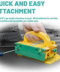 Two Piece 1/8 Inch Thin Rip Push Block Table Saw Safety Jig with mounting hardware attached for easy gripping and cutting.