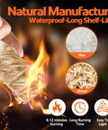 Hand lighting natural waterproof fire starter cube with wax and wood for camping and grills, showing burning flame.