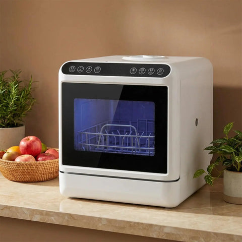 Portable Countertop Dishwasher High Temp Wash And Air Dry Dual Spray Arm on kitchen counter with apples and plant