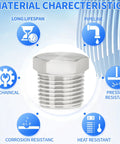 304 Stainless Steel Heavy Duty Outer Hex Head Socket Pipe Plug Fitting One Eighth Inch NPT Male Thread Adapter showcasing features