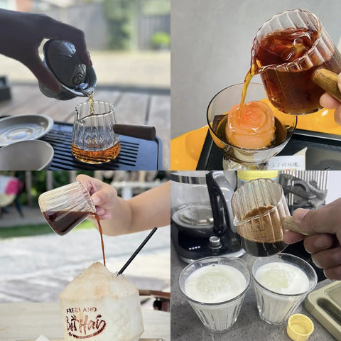 Double Scale Glass Measuring Cup With Wooden Handle For Coffee And Espresso in use, pouring beverages, showing V-shaped spout.