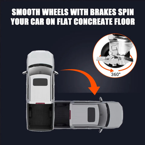 Heavy Duty Car Dolly Set Of 4 Rock Solid Steel Build With Dead Simple Locking Casters And 10000 Lbs Capacity image showing 360 degree casters for easy car movement.