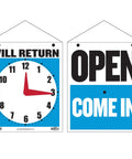 Open Closed Sign With Will Return Clock Double Sided For Shops Salons Offices And Receptions Featuring Hanging Chain And Movable Clock