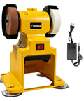 Real Deal Heavy Duty Mini Bench Grinder With Two Corundum Wheels For Garage Metalworking, yellow, compact design, dual grinding pads.