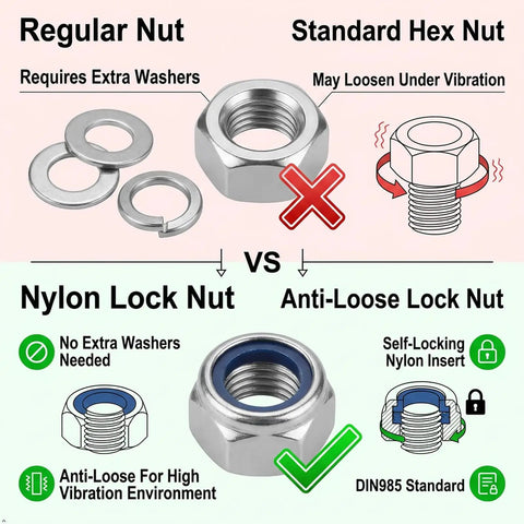 Infographic comparing Regular Nut, Standard Hex Nut, and Nylon Lock Nut benefits, showing durability and anti-loose features.