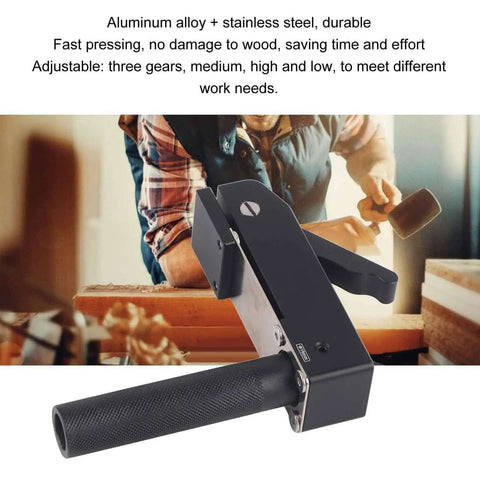 Pro Grade Adjustable Aluminum Toggle Clamp For Woodworking, 60mm Clamping Height, shown in use with hammer in background.