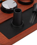 Pro Level Premium Solid Wood Coffee Tamper Kit With Heavy Duty Tamping Station featuring tools on a black mat