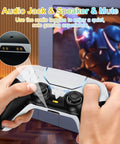 Wireless Game Controller For P5 And PC Steam Deck Programmable Buttons Vibration 6 Axis Sensor Built In Speaker Mute Function 3.5mm Headphone Jack Touch Pad LED Light Bar And Audio Output White, rear audio jack view