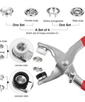 Fresh Threads Pearl Snap Button Kit With 5 Prong Fasteners And Heavy Duty Plier including male and female snaps for DIY repairs.
