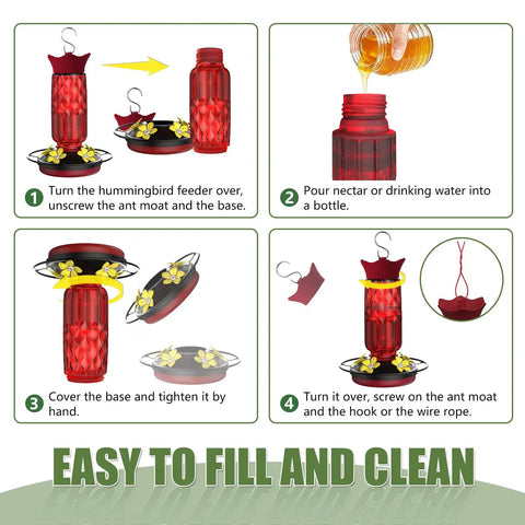 Diagram showing steps to fill and clean the Hanging Hummingbird Feeder With Five Flower Shaped Feeding Ports 16 Oz Bird Feeder Bee Proof Design Built In Ant Moat Outdoor Garden Decor Gift For Women And Moms.