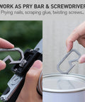 Badass Titanium Keychain Carabiner Multitool With Bottle Opener shown used as pry bar on camera and can, demonstrating versatility.