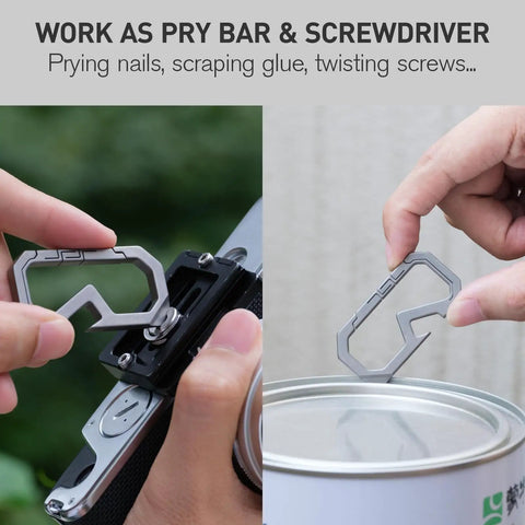 Badass Titanium Keychain Carabiner Multitool With Bottle Opener shown used as pry bar on camera and can, demonstrating versatility.