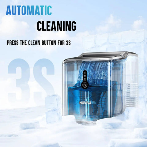 Countertop Nugget Ice Maker With FlashChill For Fast Ice In Six Minutes, Self Cleaning feature displayed with ice cubes