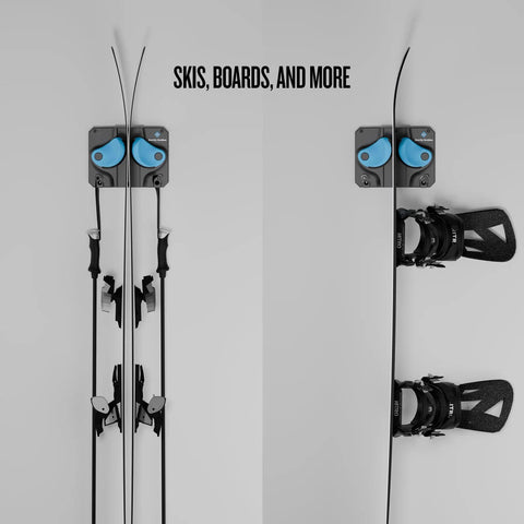 Kickin Sweet Indoor Ski And Snowboard Wall Mount With Rock Solid Damage Free Grip For Garage Storage holds skis and board gear neatly.