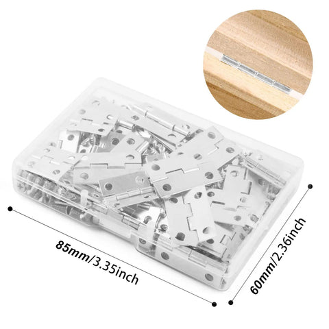 Rock Solid 70 Pcs Mini Hinge Set With 300 Tiny Screws Includes Both 24 X 16 Mm And 18 X 15 Mm Sizes, silver butt hinges in storage box.