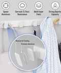 Heavy Duty Wall Mount Coat Rack Featuring Five Lock Down Hooks For All Your Everyday Essentials Like Hats Keys Wallets And Bath Towels Crafted From Corrosion Proof Aluminum In Crisp White Two Pack Bundle with details on waterproof coating.