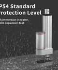 Heavy Duty 12V Electric Linear Actuator Motor With 12 Inch Stroke And 220 Lb Push Pull Force featuring IP54 protection level shown in rain.