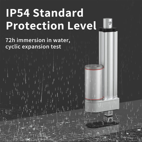 Heavy Duty 12V Electric Linear Actuator Motor With 12 Inch Stroke And 220 Lb Push Pull Force featuring IP54 protection level shown in rain.