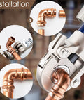 Close-up of installation using 12 Pack Copper Press Fittings Three Quarter Inch By Three Quarter Inch 90 Degree Elbow Zero Lead Copper Coupling.
