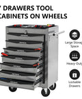 21 Inch Lockable Rolling Tool Chest With Tough As Nails Steel Build And Smooth Ball Bearing Slides Parking Brake Casters For Easy Shop Hopping with 7 drawers.