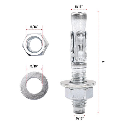 5/16 Inch Wedge Anchor For Concrete, Carbon Steel, Anti Rust Finish, All Thread Design; shown with washer, nut, and measurements