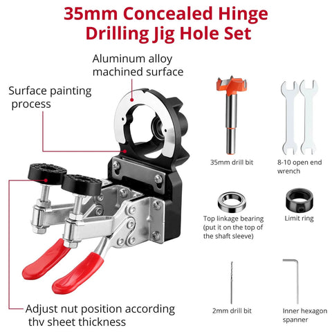 Durable 35mm Concealed Hinge Jig for Cabinets and Wood Furniture, Aluminum Alloy Precision Tool with accessories visible.