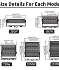 Size details for Heavy Duty LED Flood Lights Deliver Sick Brightness for Stadium and Security Projects with 6500K Cool White Output.