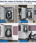 Tough As Nails Outdoor EV Charger Enclosure With Hella Secure Locking Steel Cabinet showing secure storage for wall cables in various locations.