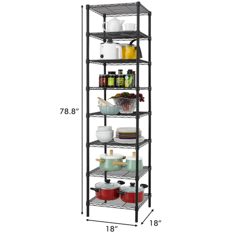 Heavy Duty 8 Tier Wire Shelving 18x18x78.8 Inches Adjustable Metal Storage Rack Built Legit Tough With Thickened Steel Tubes Super Sturdy For Any Home Or Office NSF Certified Black displaying kitchenware and pantry items.