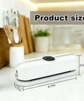 Three In One Handy Handheld Vacuum Sealer For Bags And Jars With Food Grade Seal Includes Ten Food Safe Bags Easy Switch Between Vacuum And Inflation Quick No Fuss White Unit For Storing Fresh And Inflating Swim Rings And Balls shown on kitchen counter with size dimensions