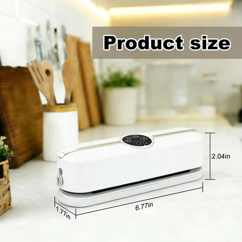 Three In One Handy Handheld Vacuum Sealer For Bags And Jars With Food Grade Seal Includes Ten Food Safe Bags Easy Switch Between Vacuum And Inflation Quick No Fuss White Unit For Storing Fresh And Inflating Swim Rings And Balls shown on kitchen counter with size dimensions