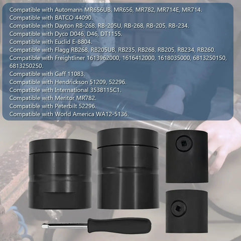 Leaf Spring Pin And Bushing Adapter Service Kit For 15000 Pin And Bushing Starter Kit Pro Grade Built For Heavy Duty Truck And Equipment Fits Automann MR656UB MR656 MR782 MR714E MR714 shown with components and compatibility list