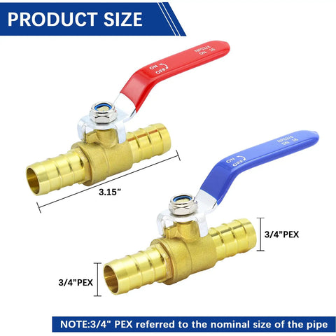 Three Quarter Inch PEX Ball Valve Kit, Brass Full Port Shut Off Valves, Quarter Turn Crimp PEX Fittings, blue and red handles, 3/4 PEX size