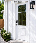 Built Tough WiFi Keypad Deadbolt For Your Front Door on side door with white frame and matte black security features.