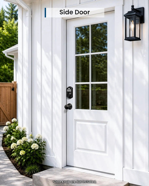Built Tough WiFi Keypad Deadbolt For Your Front Door on side door with white frame and matte black security features.