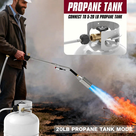 Person using Heavy Duty Propane Weed Torch Kit With Turbo Trigger, high BTU flame reaches 28 to 32 inches, 1lb converter and 10ft hose.