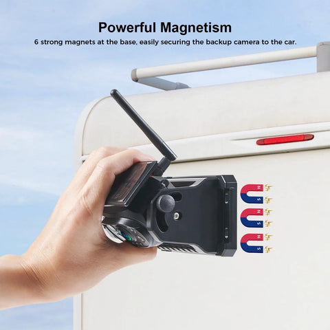 Dual Wireless Backup Cameras With 7 Inch HD 1080P Monitor 15000mAh Battery showing powerful magnets securing the camera.