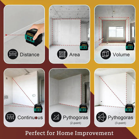 Tough 2IN1 Green Laser Tape Measure 262FT Digital Distance Meter in action measuring distance, area, and volume on walls.